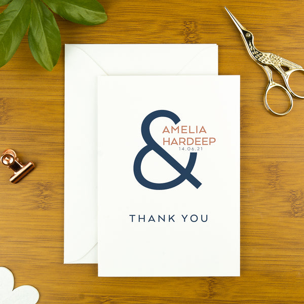 Wedding, Anniversary and Engagement Thank you Card, Ampersand, Blue and Dusty Rose.