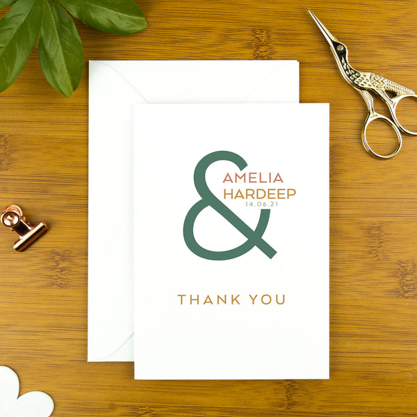 Wedding, Anniversary and Engagement Thank you Card, Ampersand, Green and Golden Brown.