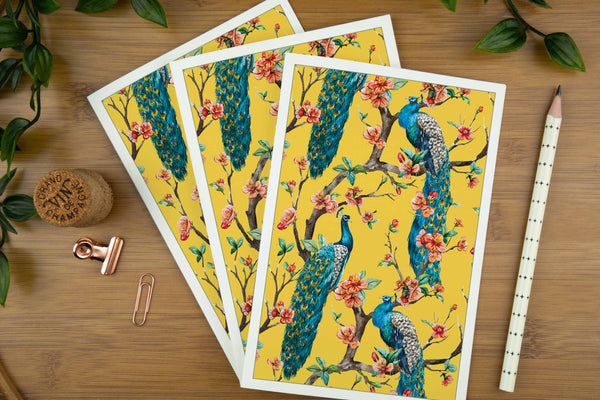 Peacocks on Yellow, Bird Greeting Card. | peacocks-in-chinoiserie-luxury-greeting-card-can-be-personalised | com bossa studio