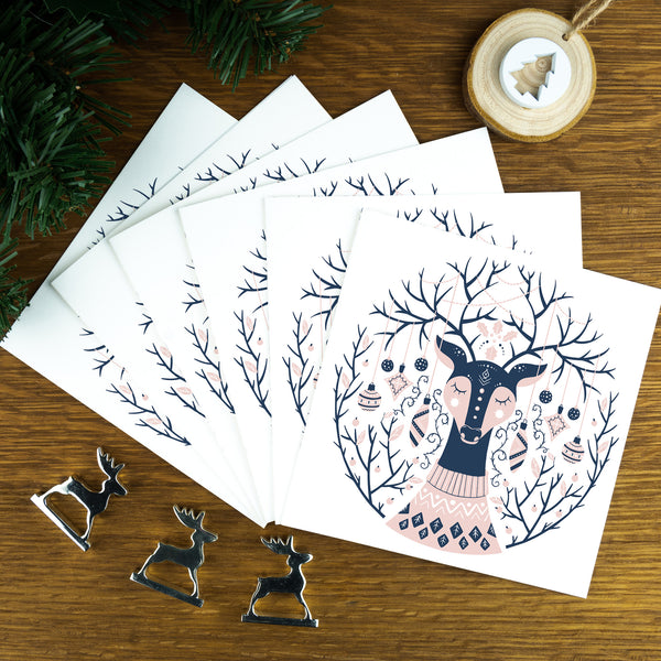 Scandinavian Winter, Blue & Pink Deer, Luxury Nordic Christmas Cards. | scandinavian-winter-blue-pink-deer-luxury-nordic-christmas-cards | com bossa studio