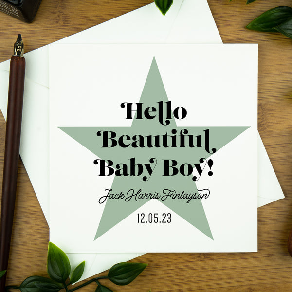 New Baby Card, Hello Beautiful Baby Boy, Green Star