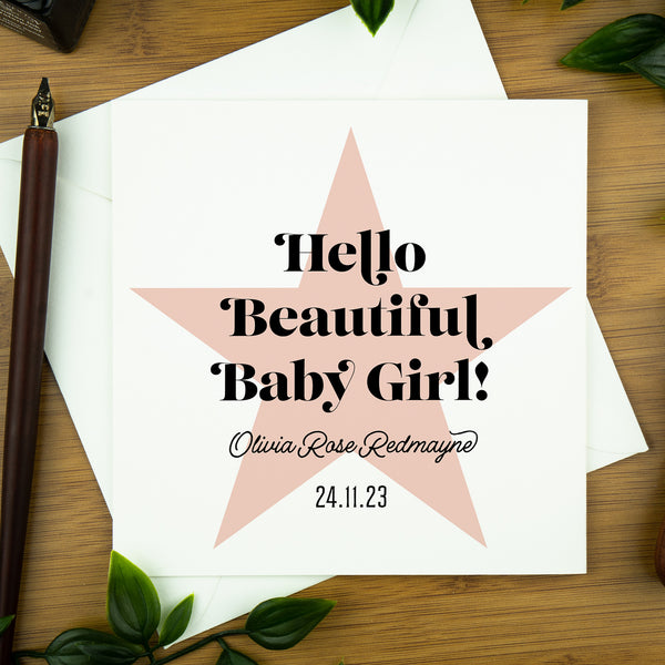 Personalised New Baby Card, Hello Beautiful Baby Girl, Blush Star