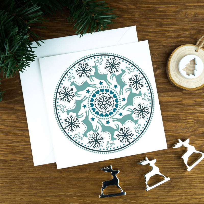 Luxury Nordic Christmas Cards, Reindeer Circle, Blues, No.2.