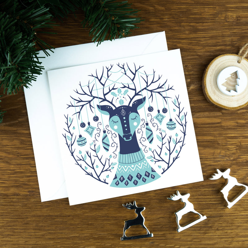 Scandinavian Winter, Blue & Brown Deer, Luxury Nordic Christmas Cards. | scandinavian-winter-blue-brown-deer-luxury-nordic-christmas-cards | com bossa studio