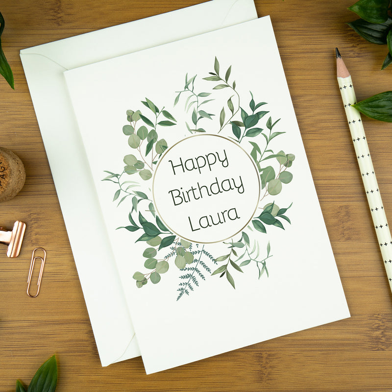 Luxury Birthday Card, Botanical Art: Circle, Personalised Name. | copy-of-happy-birthday-mum-greeting-card | com bossa studio