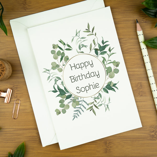 Luxury Birthday Card, Botanical Art: Circle, Personalised Name. | copy-of-happy-birthday-mum-greeting-card | com bossa studio