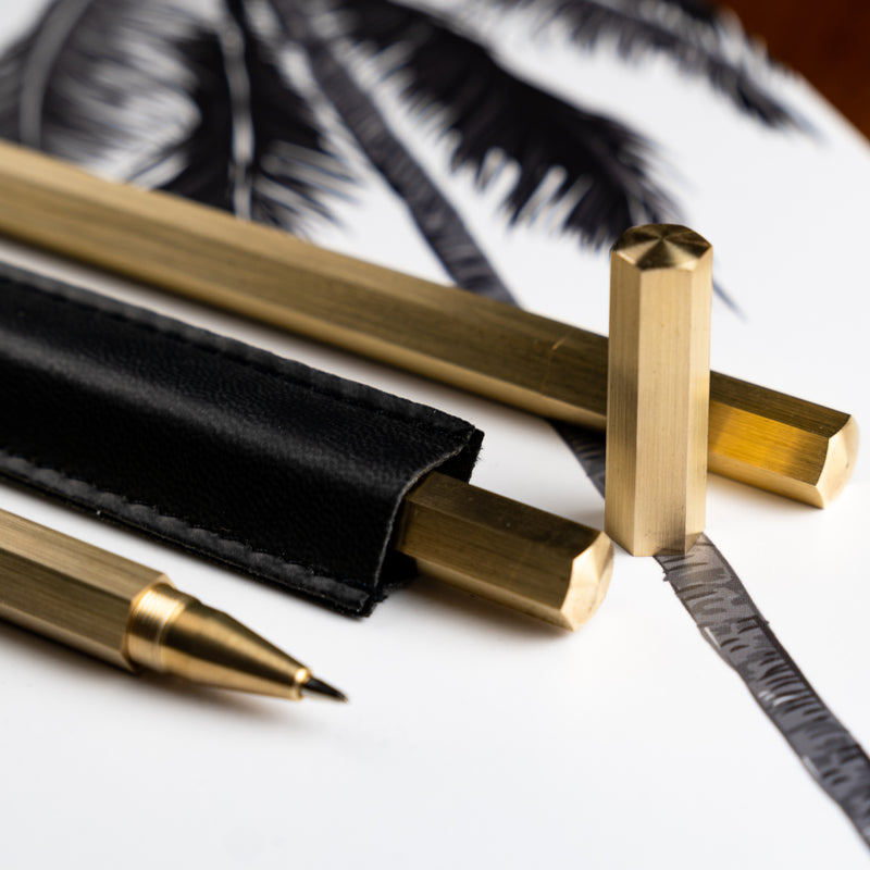Hello Day, Brass Hexagon Pen, Black Leather Case. | hello-day-brass-hexagon-pen-black-leather-case | com bossa studio