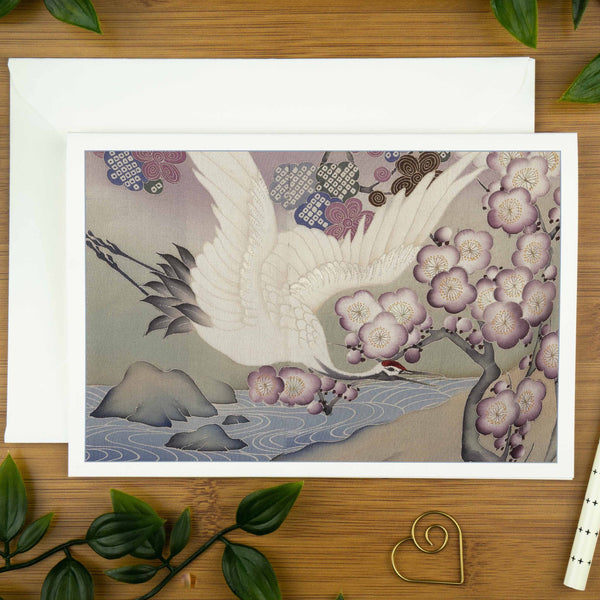 Crane on Water, Japanese Kimono Design, Bird Greeting Card. | crane-on-water-japanese-kimono-design-luxury-greeting-card-can-be-personalised | com bossa studio