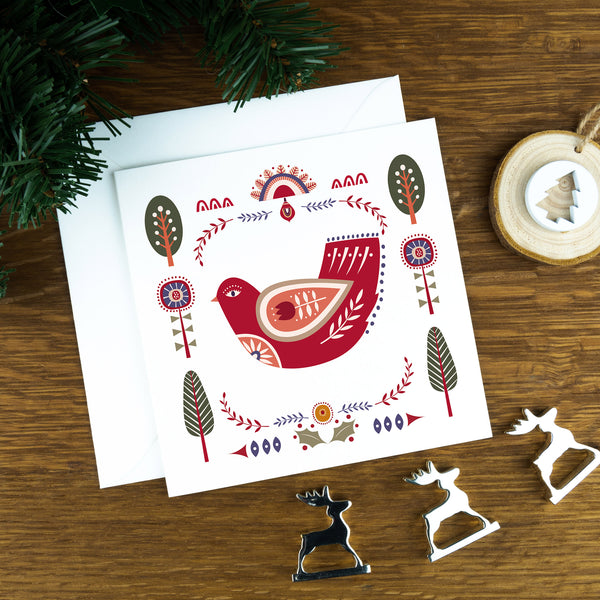 Luxury Christmas Cards: Folk Art Illustrations, The Red Dove.