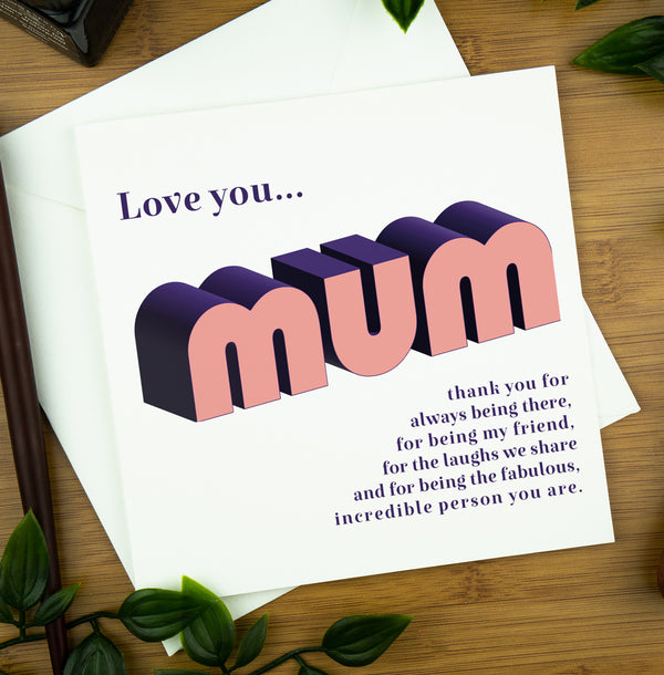 Love You Mum, Greeting Card, Retro Font in Pink and Dark Blue. | copy-of-luxury-birthday-card-botanical-art-circle | com bossa studio