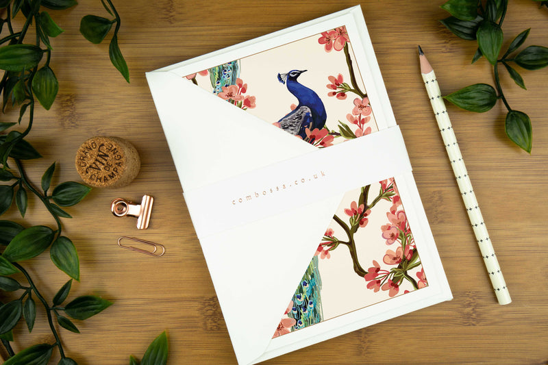Peacocks & Blossoms, Bird Art Greeting Card. | peacocks-blossom-luxury-greeting-card-can-be-personalised-1 | com bossa studio