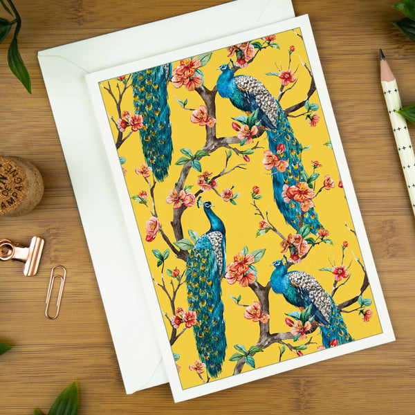 Peacocks on Yellow, Bird Greeting Card. | peacocks-in-chinoiserie-luxury-greeting-card-can-be-personalised | com bossa studio