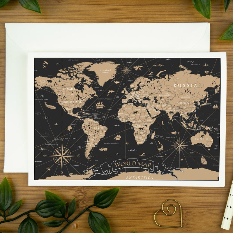 Vintage World Map Print, Quirky and Unique Greeting Card. | vintage-map-of-the-world-luxury-greeting-card-can-be-personalised | com bossa studio