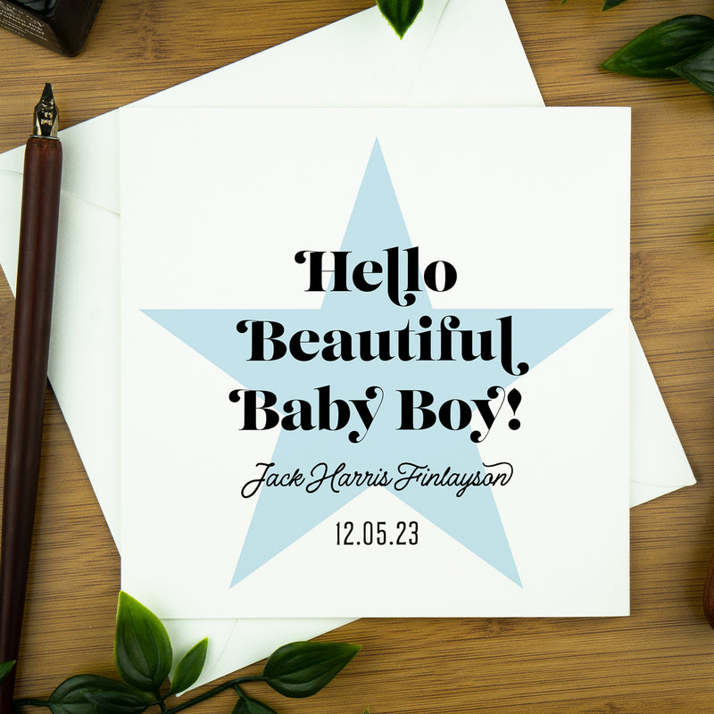 New Baby Card, Hello Beautiful Baby Boy, Blue Star