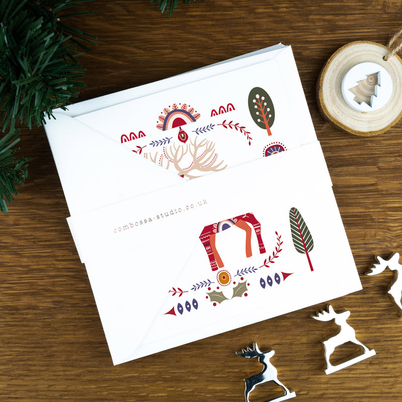 Luxury Christmas Cards: Folk Art Illustrations, The Red Deer.